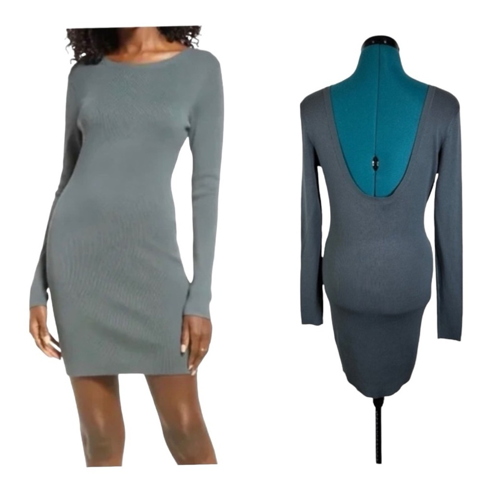 Open Edit Dress Open Back Ribbed Green Stretch Long Sleeve NWOT‎
